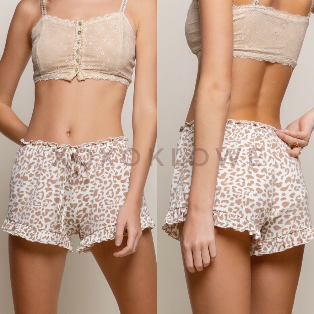 POL Cream & Taupe Leopard Print Soft Knit Ruffle Trimmed Shorts - Picture 4 of 16
